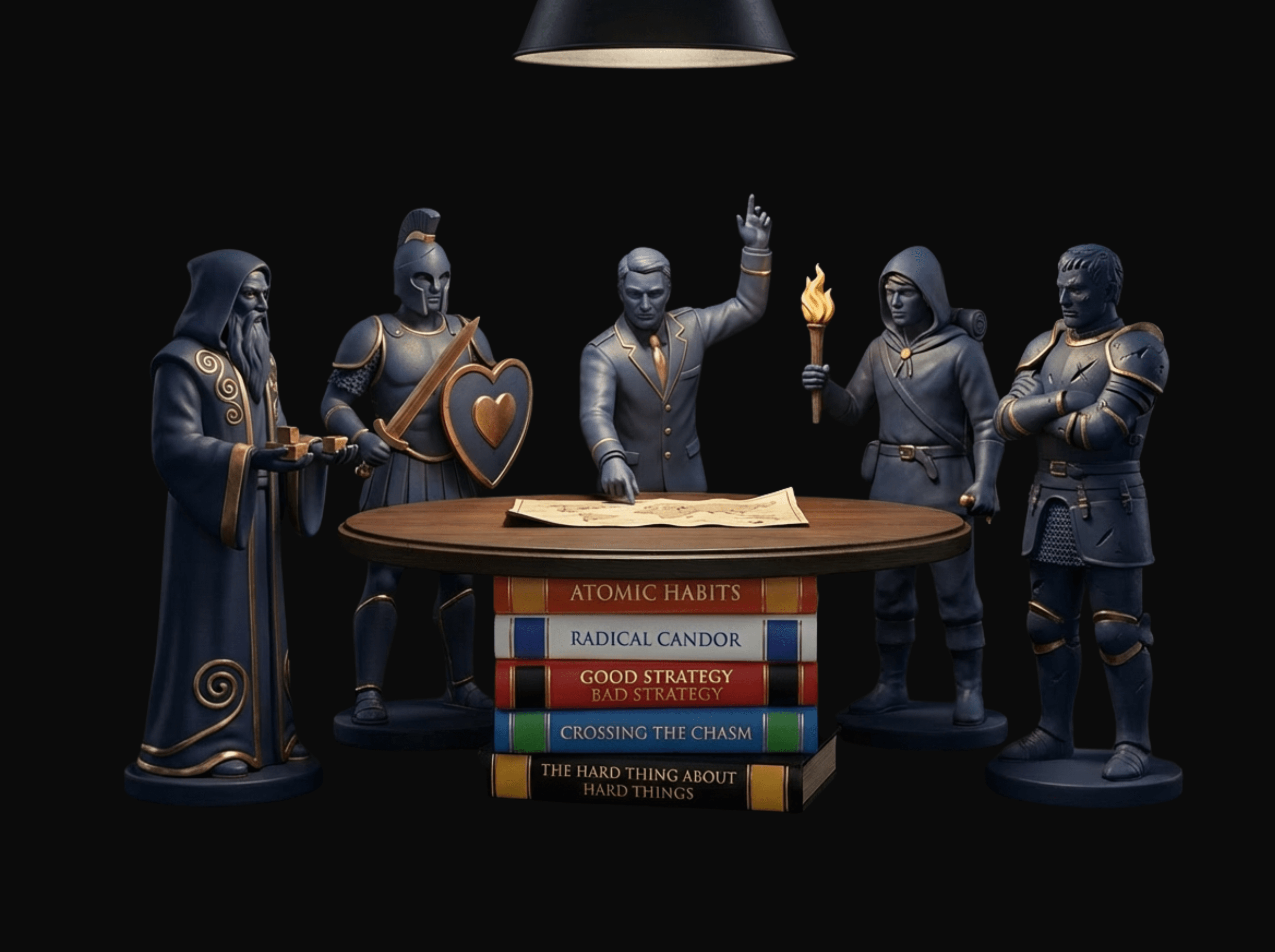 Council of advisors around a book-stack table